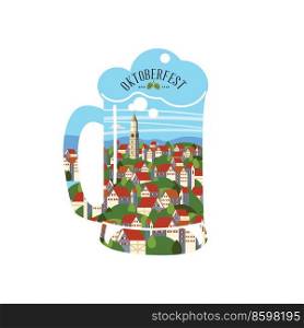 A beer mug with an urban landscape. View of the city from above, red tiled roofs. Vector illustration for the Oktoberfest beer festival.. A beer mug. Vector illustration for the Oktoberfest beer festival_01.eps