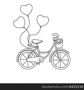 A bicycle with a basket and heart-shaped balloons.
