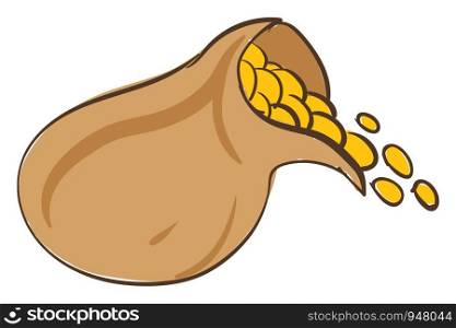 A big bag of gold coins which are flowing out , vector, color drawing or illustration.