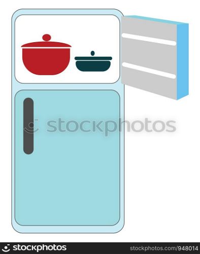 A big blue fridge with its upper door open containing two vessels , vector, color drawing or illustration.