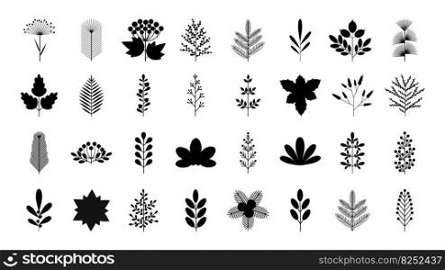 A big collection of silhouette floral design elements in a simple flat style. Set of flower, berry and leaf in black color. Suitable for creating postcards, banners and patterns. Vector illustration isolated on a white background. A big collection of silhouette floral design elements in a simple flat style. Set of flower, berry and leaf in black color. Suitable for creating banners and patterns. Vector illustration isolated.