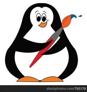 A big fat penguin with small painting brush vector color drawing or illustration