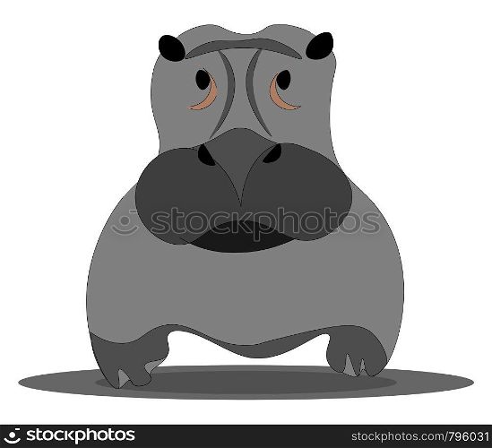 A big gray hippopotamus, looking straight, with black nose and mouth, vector, color drawing or illustration.