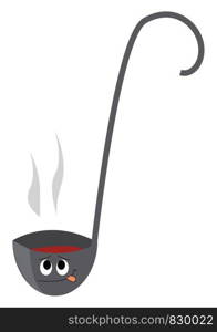 A big grey soup spatula with a bent handle and a smiley face on it with a steaming hot soup vector color drawing or illustration