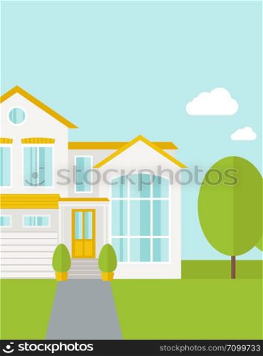 A big house in spring or summer season with trees. A Contemporary style with pastel palette, soft blue tinted background with desaturated cloud. Vector flat design illustration. Vertical layout with text space on top part.. Big house with trees