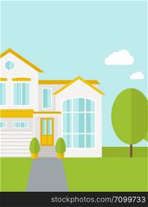 A big house in spring or summer season with trees. A Contemporary style with pastel palette, soft blue tinted background with desaturated cloud. Vector flat design illustration. Vertical layout with text space on top part.. Big house with trees