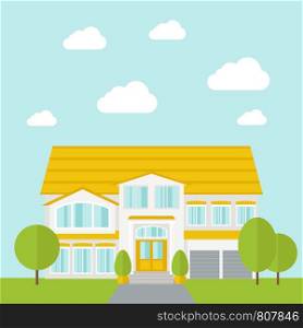 A big house in spring or summer season with trees. Vector flat design illustration. Square layout.. Big house with trees