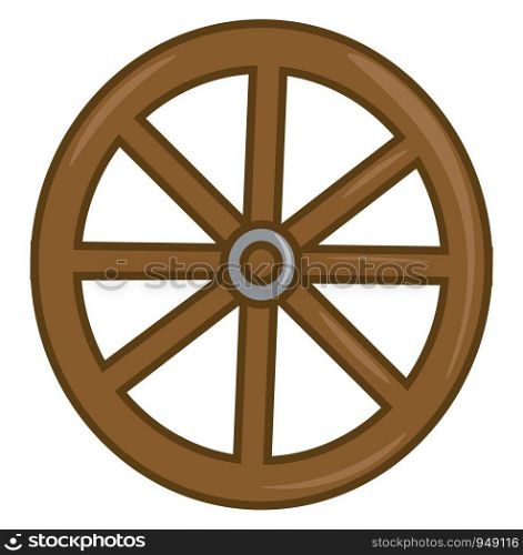 A big old wooden wheel in brown, vector, color drawing or illustration.
