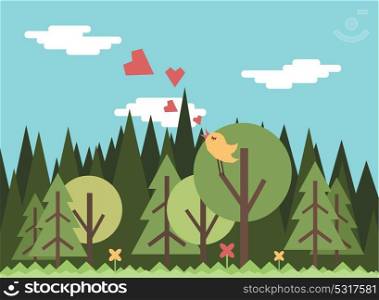 A bird sings in the forest. Vector illustration