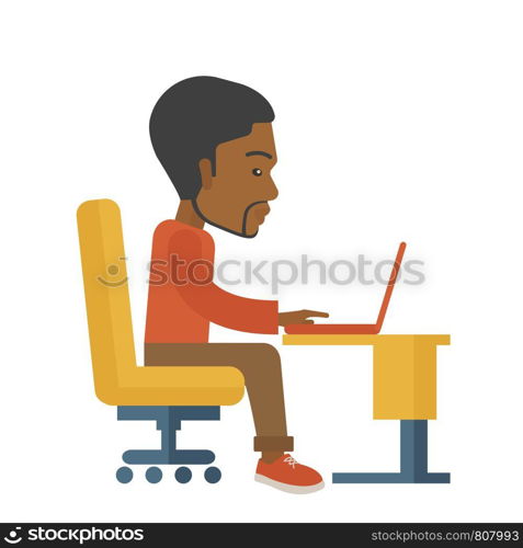 A black american sitting infront of the computer looking for a job online. A Contemporary style. Vector flat design illustration isolated white background. Square layout. African sitting infront his computer.