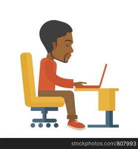 A black american sitting infront of the computer looking for a job online. A Contemporary style. Vector flat design illustration isolated white background. Square layout. African sitting infront his computer.