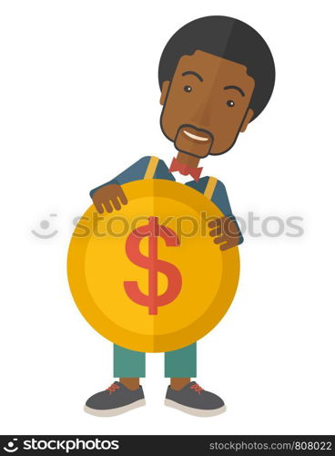 A black businessman carry big coin of money with his power in business. Business concept. A Contemporary style. Vector flat design illustration isolated white background. Vertical layout.. Black Businessman holding a big coin