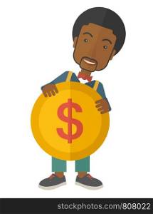 A black businessman carry big coin of money with his power in business. Business concept. A Contemporary style. Vector flat design illustration isolated white background. Vertical layout.. Black Businessman holding a big coin