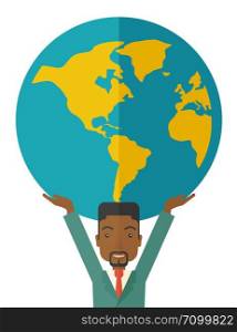 A black businessman carrying big globe it is a symbol that he is number one in the world in business society. A Contemporary style. Vector flat design illustration isolated white background. Vertical layout. Black Businessman carrying big globe.