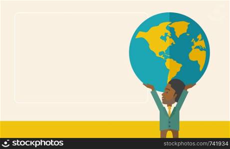 A black businessman carrying big globe it is a symbol that he is number one in the world in business society. A Contemporary style with pastel palette, soft beige tinted background. Vector flat design illustration. Horizontal layout with text space in left side.. Black Businessman carrying big globe.