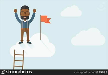 A black businessman climbed using the ladder and standing on the top of the cloud with red flag. Leadership concept. . A contemporary style with pastel palette soft blue tinted background with desaturated clouds. Vector flat design illustration. Horizontal layout.. Black man standing on the top of cloud with red flag.