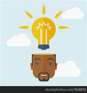 A black businessman has a bright idea for marketing strategy with a bulb on his head. Human intelligence concept. A Contemporary style with pastel palette, soft blue tinted background with desaturated clouds. Vector flat design illustration. Square layout. . Black businessman with bulb on his head.