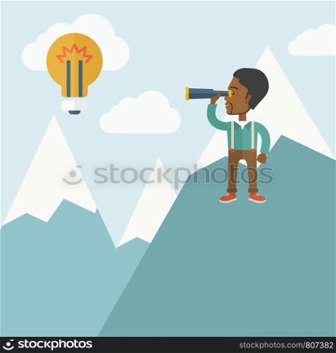 A black businessman holding telescope looking the bulb on the top of blue mountain with snow trying to get ideas on the sky. A contemporary style with pastel palette soft blue tinted background with desaturated clouds. Vector flat design illustration. Square layout.. Black man on top of blue mountain.