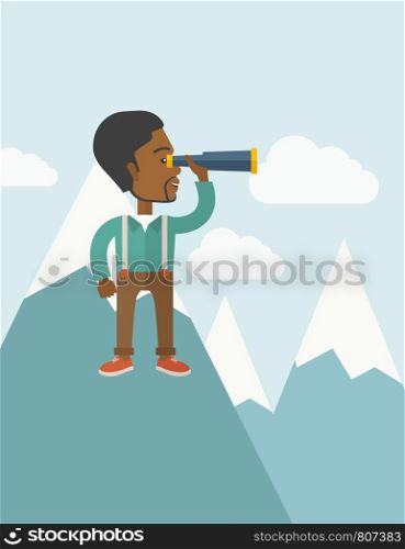 A black businessman holding telescope on the top of blue mountain with snow trying to get ideas on the sky. A contemporary style with pastel palette soft blue tinted background with desaturated clouds. Vector flat design illustration. Vertical layout.. Black man on top of blue mountain.