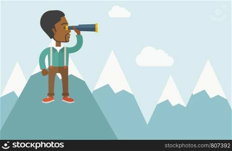 A black businessman holding telescope on the top of blue mountain with snow trying to get ideas on the sky. A contemporary style with pastel palette soft blue tinted background with desaturated clouds. Vector flat design illustration. Horizontal layout.. Black man on top of blue mountain.