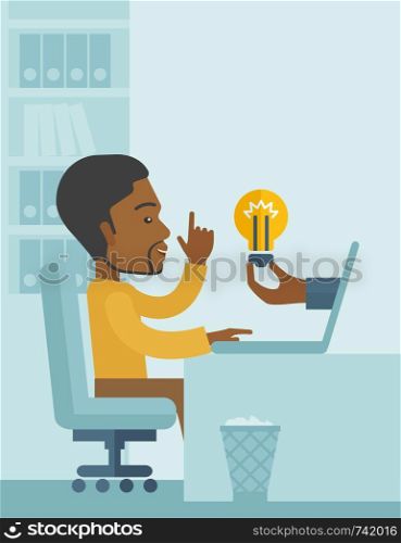 A black businessman sitting while working infront of his desk getting a brilliant idea for business from the laptop. Business concept. A contemporary style with pastel palette soft blue tinted background. Vector flat design illustration. Vertical layout with text sapce on top right side.. Black guy working inside his office.