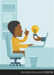 A black businessman sitting while working infront of his desk getting a brilliant idea for business from the laptop. Business concept. A contemporary style with pastel palette soft blue tinted background. Vector flat design illustration. Vertical layout with text sapce on top right side.. Black guy working inside his office.