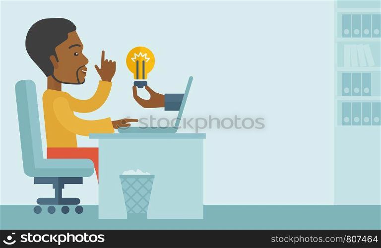A black businessman sitting while working infront of his desk getting a brilliant idea for business from the laptop. Business concept. A contemporary style with pastel palette soft blue tinted background. Vector flat design illustration. Horizontal layout with text space in right side.. Black guy working inside his office.