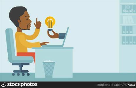 A black businessman sitting while working infront of his desk getting a brilliant idea for business from the laptop. Business concept. A contemporary style with pastel palette soft blue tinted background. Vector flat design illustration. Horizontal layout with text space in right side.. Black guy working inside his office.