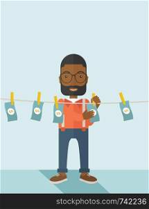 A black businessman standing hanging his money has a financial problem. He enter into money laundering business. Bankruptcy concept. A contemporary style with pastel palette soft blue tinted background. Vector flat design illustration. Vertical layout with text space on top part.. Black buisnessman hang his money.