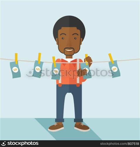 A black businessman standing hanging his money has a financial problem. He enter into money laundering business. Bankruptcy concept. A contemporary style with pastel palette soft blue tinted background. Vector flat design illustration. Square layout. . Black buisnessman hang his money.