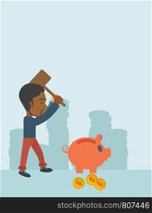 A black businessman standing while holding a hammer breaking piggy bank with dollar coins for financial assistance of his foreclosure business. Financial crisis concept. A contemporary style with pastel palette soft blue tinted background. Vector flat design illustration. Vertical layout with text space on top part.. Black guy holding a hammer breaking piggy bank.