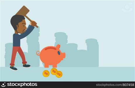 A black businessman standing while holding a hammer breaking piggy bank with dollar coins for financial assistance of his foreclosure business. Financial crisis concept. A contemporary style with pastel palette soft blue tinted background. Vector flat design illustration. Horizontal layout with text space in right side.. Black guy holding a hammer breaking piggy bank.