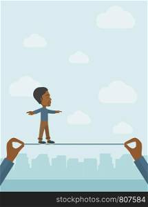 A black businessman walking on wire stretched by two hands balancing himself to achieve his goal in marketing. Determination and great achievement concept. A Contemporary style with pastel palette, soft blue tinted background with desaturated clouds. Vector flat design illustration. Vertical layout.. Black Businessman walking on wire.