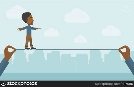 A black businessman walking on wire stretched by two hands balancing himself to achieve his goal in marketing. Determination and great achievement concept. A Contemporary style with pastel palette, soft blue tinted background with desaturated clouds. Vector flat design illustration. Horizontal layout.. Black Businessman walking on wire.