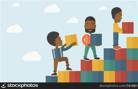 A Black Businessmen are happy with the graph shows that more and more profits, increased in sales higher income to receive. Winner concept. A contemporary style with pastel palette soft blue tinted background with desaturated clouds. Vector flat design illustration. Horizontal layout.. Businessmen are happy with the graph.