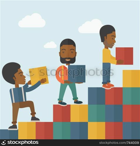 A Black Businessmen are happy with the graph shows that more and more profits, increased in sales higher income to receive. Winner concept. A contemporary style with pastel palette soft blue tinted background with desaturated clouds. Vector flat design illustration. Square layout.. Businessmen are happy with the graph.