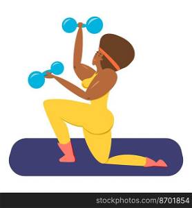 A black female athlete. A Black woman with dumbbells in her hands shakes her muscles. Vector illustration. Black female athlete.A Black woman with dumbbells