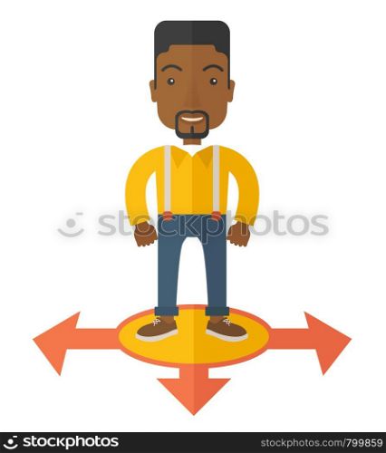 A black guy businessman standing on three ways arrows for selection. Business concept. A Contemporary style. Vector flat design illustration isolated white background. Square layout. Businessman standing on three arrows.