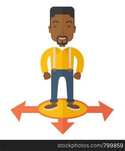 A black guy businessman standing on three ways arrows for selection. Business concept. A Contemporary style. Vector flat design illustration isolated white background. Square layout. Businessman standing on three arrows.