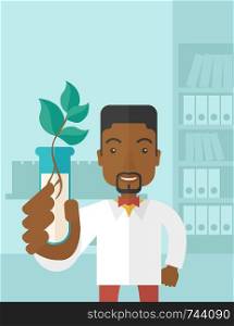 A black guy chemist holding a test tube with eco leaves. A Contemporary style with pastel palette, soft blue tinted background. Vector flat design illustration. Vertical layout with text space on top part.. Black guy Chemist with tube and eco leaves.