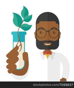 A black guy chemist holding a test tube with eco leaves. A Contemporary style. Vector flat design illustration isolated white background. Square layout.. Black guy Chemist with tube and eco leaves.