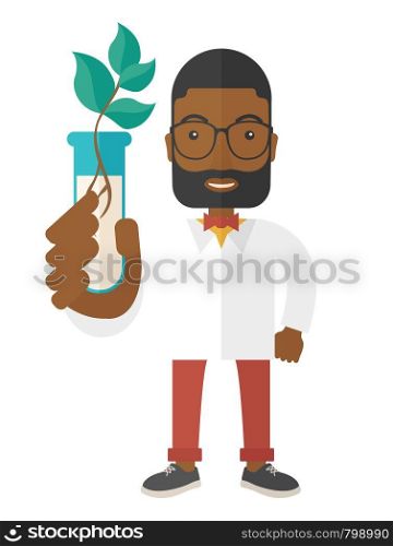 A black guy chemist holding a test tube with eco leaves. . A Contemporary style. Vector flat design illustration isolated white background. Vertical layout. Black guy Chemist with tube and eco leaves.