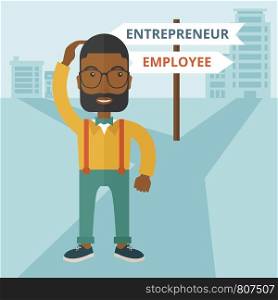 A black guy confused standing while scratching his head having a problem, confused whether enterpreneur or employee. A contemporary style with pastel palette soft blue tinted background. Vector flat design illustration. Square layout. . Black guy confused with enterpreneur or employee