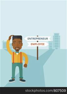 A black guy confused standing while scratching his head having a problem, confused whether enterpreneur or employee. A contemporary style with pastel palette soft blue tinted background. Vector flat design illustration. Vertical layout with text space on top part. . Black guy confused with enterpreneur or employee
