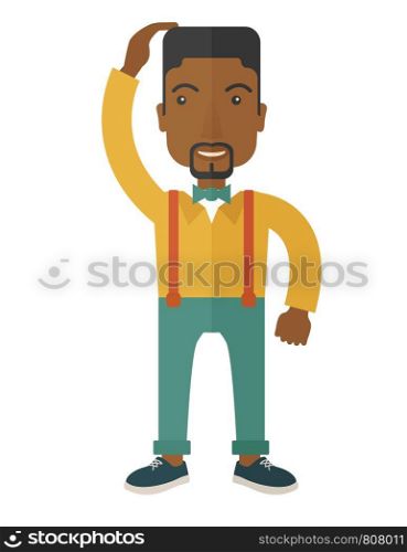 A black guy confused standing while scratching his head having a problem. A contemporary style with pastel palette soft blue tinted background. Vector flat design illustration. Vertical layout with text space on top part. . Black guy confused
