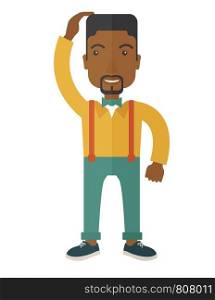 A black guy confused standing while scratching his head having a problem. A contemporary style with pastel palette soft blue tinted background. Vector flat design illustration. Vertical layout with text space on top part. . Black guy confused
