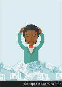 A black guy employee has a lot to do work with those papers around him and having a problem on how to meet the deadline of his report. Disappointment Concept. A contemporary style with pastel palette soft blue tinted background. Vector flat design illustration. Vertical layout with text space on top part.. Black guy with paper works around him.