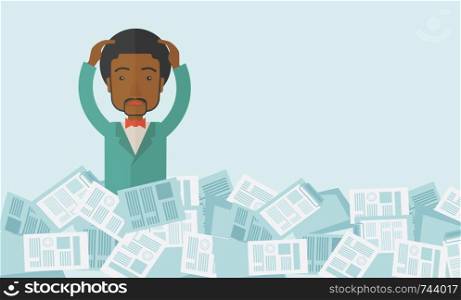 A black guy employee has a lot to do work with those papers around him and having a problem on how to meet the deadline of his report. Disappointment Concept. A contemporary style with pastel palette soft blue tinted background. Vector flat design illustration. Horizontal layout with text space in upper right side.. Black guy with paper works around him.
