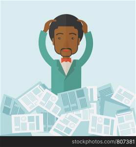 A black guy employee has a lot to do work with those papers around him and having a problem on how to meet the deadline of his report. Disappointment Concept. A contemporary style with pastel palette soft blue tinted background. Vector flat design illustration. Square layout.. Black guy with paper works around him.