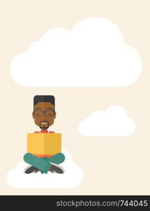 A black guy having a great idea while reading a book. Business concept. A Contemporary style with pastel palette, soft beige tinted background. Vector flat design illustration. Vertical layout with text space on top part.. Black guy reading a book